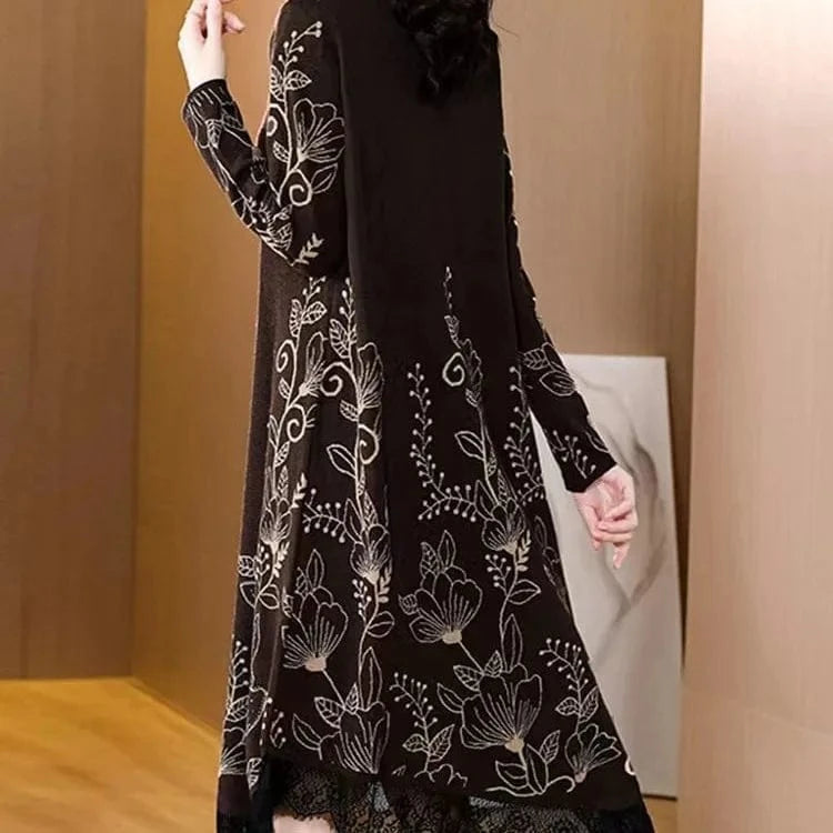 plus size / 0019 2024 spring fashion women's best-selling crew-neck long sleeve loose flower jacquard high-quality knitted pullover sweater dress