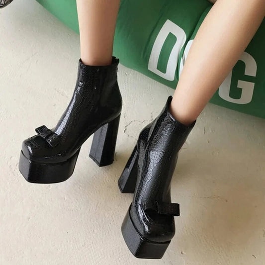 Plus Size 48 Snake Prints Women Block Heels Short Boots Bow-knot Square Toe Spring Autumn High-Heeled Pumps Wide Fit Shoes