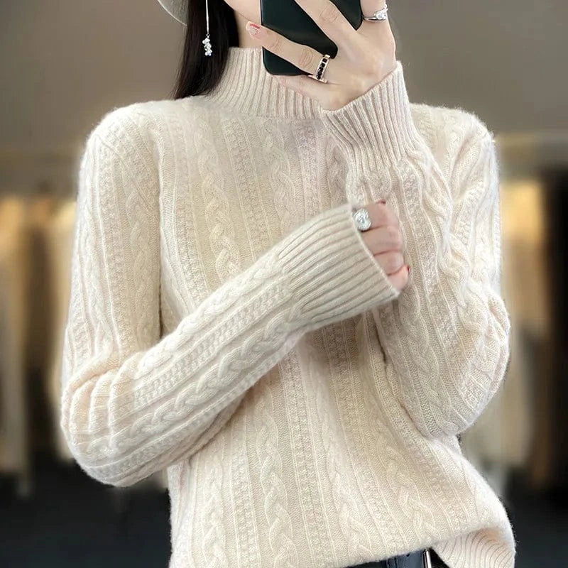 Plus Size / Beige 2024 winter best-selling high-quality fashion women's solid color semi-turtleneck long-sleeved loose knit pullover sweater