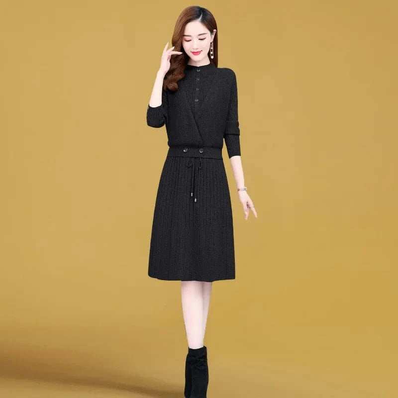 plus size / Black 2023 autumn new high-quality round neck lotus sleeve fashion women slimming solid color knit dress