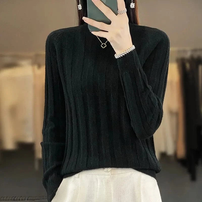 Plus size / Black 2024 autumn winter fashion lady crew neck long sleeve body fit stripe tight sweater shirt