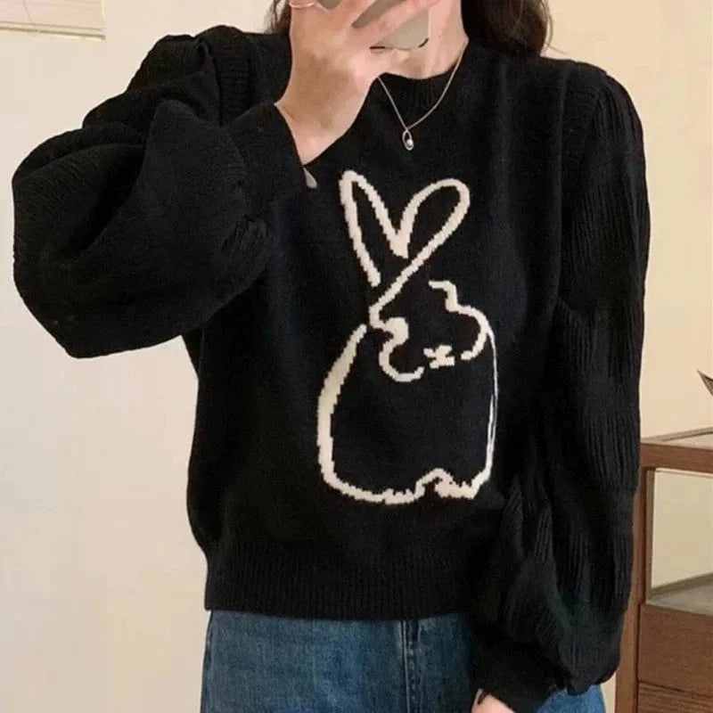 Plus Size / Black 2024 Spring and autumn high-quality best-selling crewneck long sleeve loose solid color rabbit jacquard knitted pullover sweater