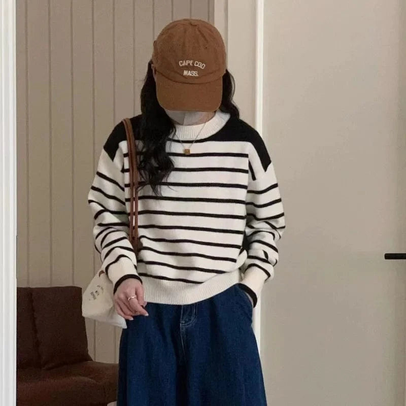 Plus Size / Black 2024 Spring and autumn new arrival high quality girls crew neck long sleeve striped loose jacquard knit pullover sweater