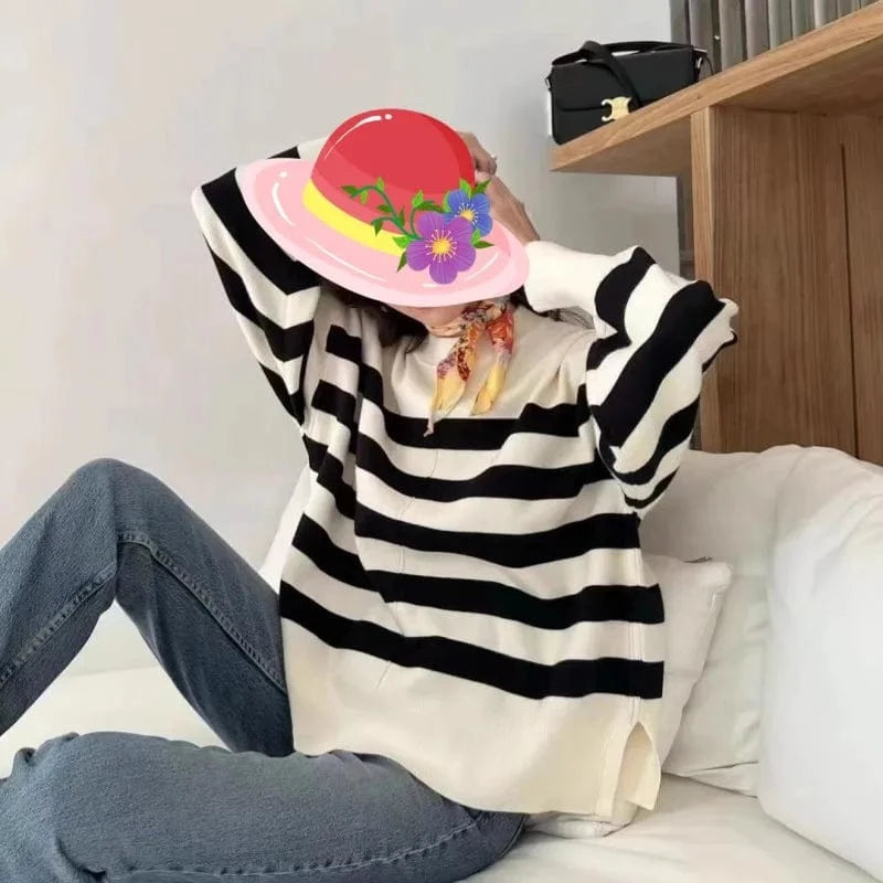 Plus Size / Black 2024 spring new arrival fashion lady crew neck batwing sleeve oversized stripe women sweater