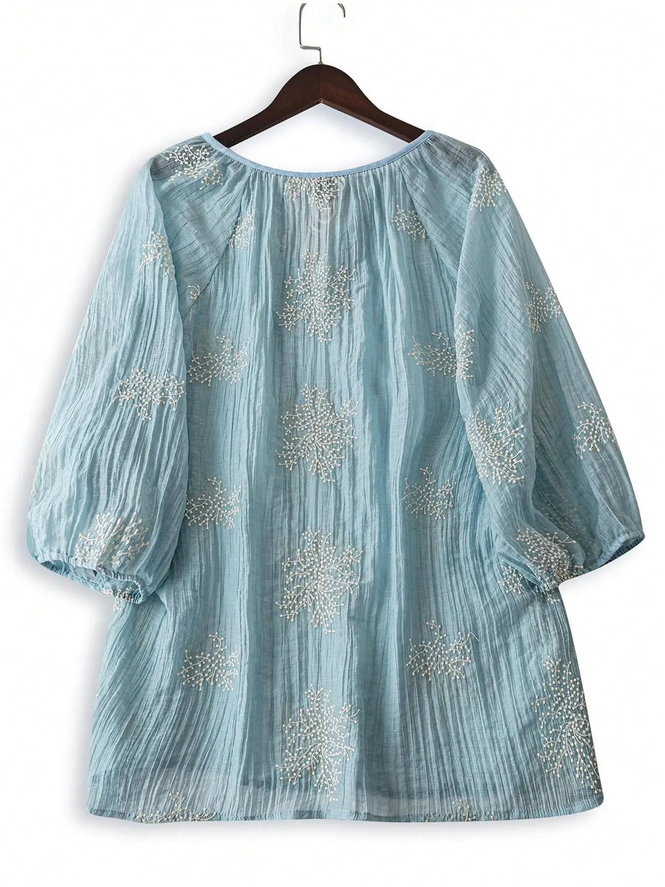 Plus Size Blouse + Embroidered Tie Neck Bishop Sleeve + Boho Casual Everyday Wear - SN Wigs & More