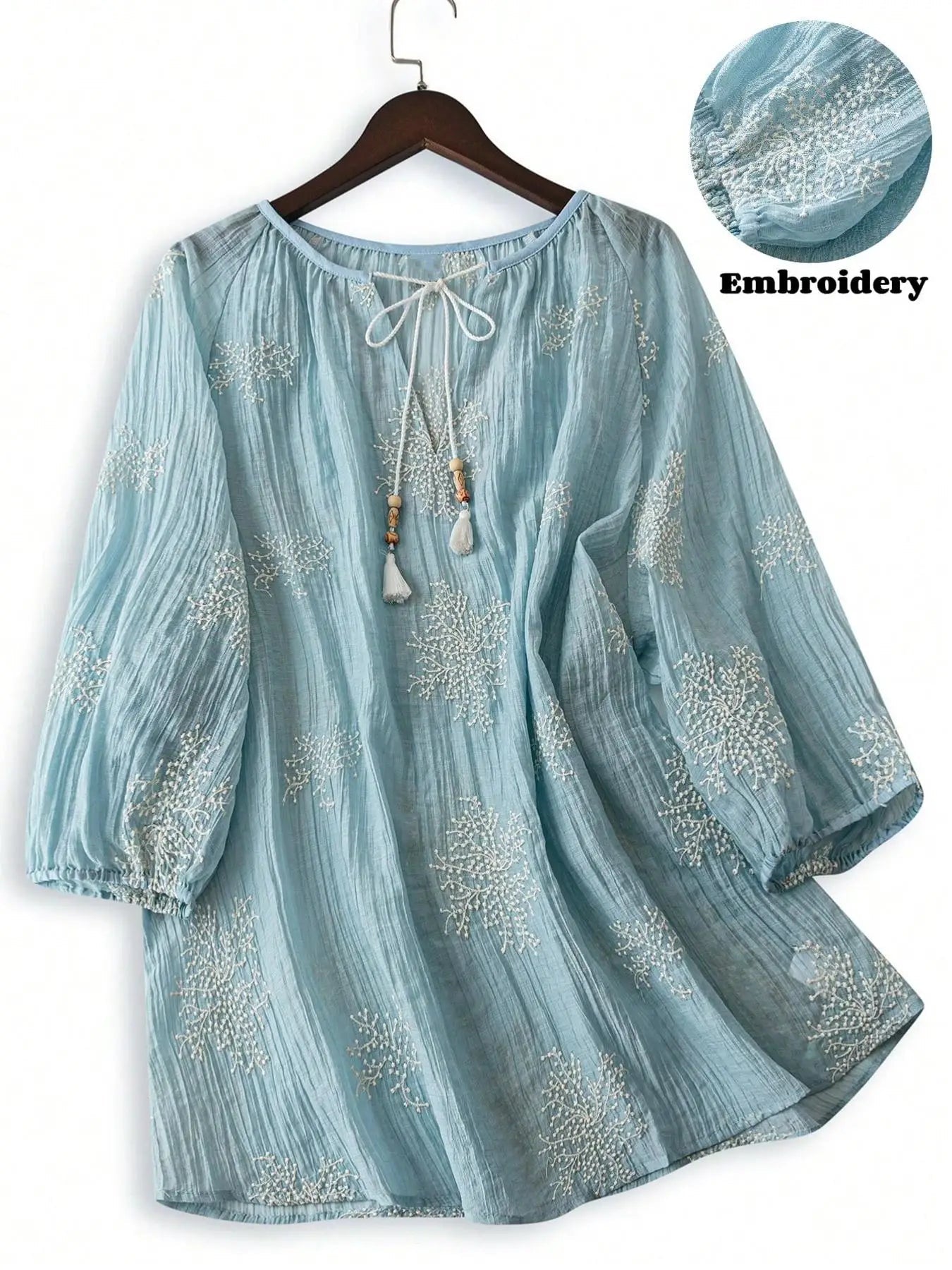 Plus Size Blouse + Embroidered Tie Neck Bishop Sleeve + Boho Casual Everyday Wear - SN Wigs & More