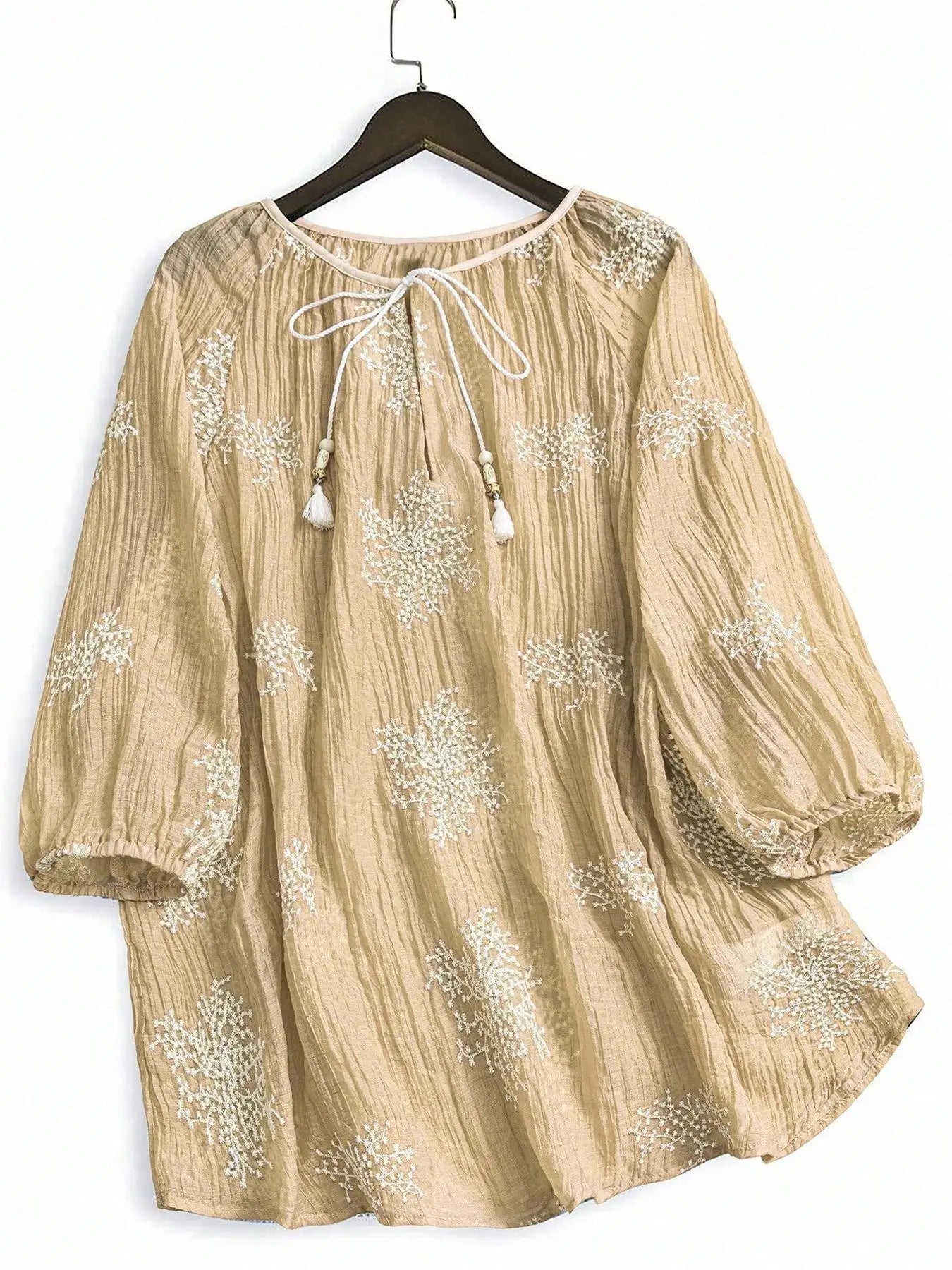 Plus Size Blouse + Embroidered Tie Neck Bishop Sleeve + Boho Casual Everyday Wear - SN Wigs & More