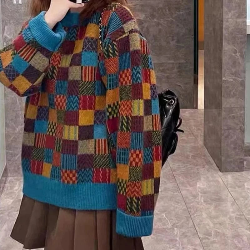 Plus Size / Blue 2024 Spring and autumn high-quality best-selling crew-neck long-sleeved loose plaid jacquard women's knitted sweater