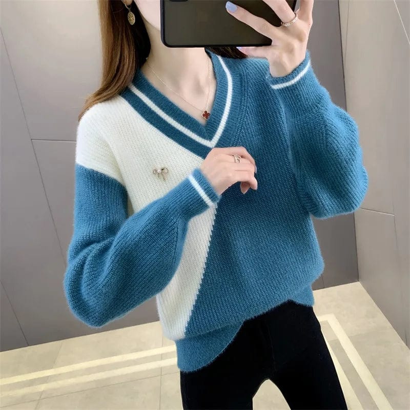 Plus Size / Blue 2024 spring new arrival fashion women's boutique high-quality V-neck loose long-sleeved color matching sweater