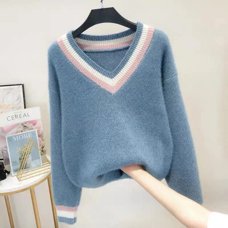 Plus Size / Blue 2024 spring new arrivals best-selling high-quality V-neck loose solid color fashion women's boutique cheap pullover sweater