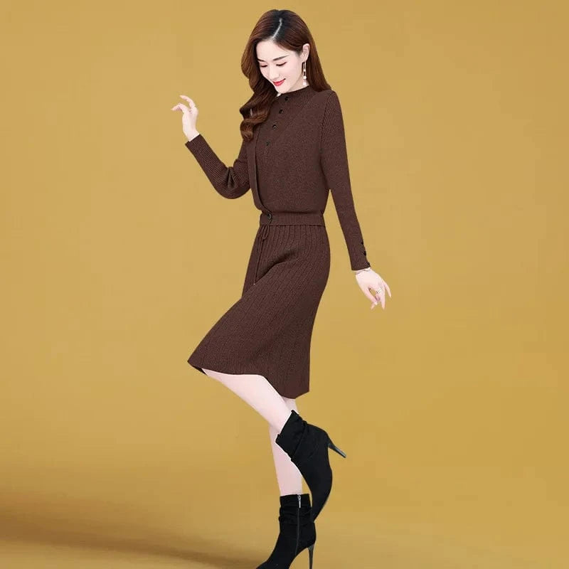 plus size / Brown 2023 autumn new high-quality round neck lotus sleeve fashion women slimming solid color knit dress