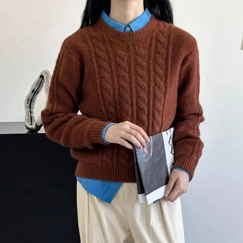 Plus Size / Brown 2024 autumn/Winter new arrivals best-selling women's solid color O-collar long-sleeved loose pullover sweater