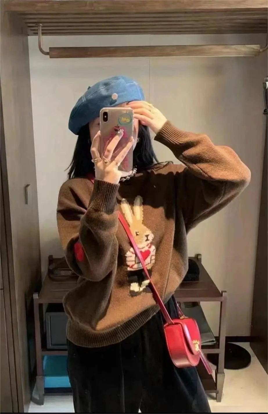 Plus Size / Brown 2024 Spring women new arrival crew neck long sleeve cartoon animal jacquard  sweater jumper