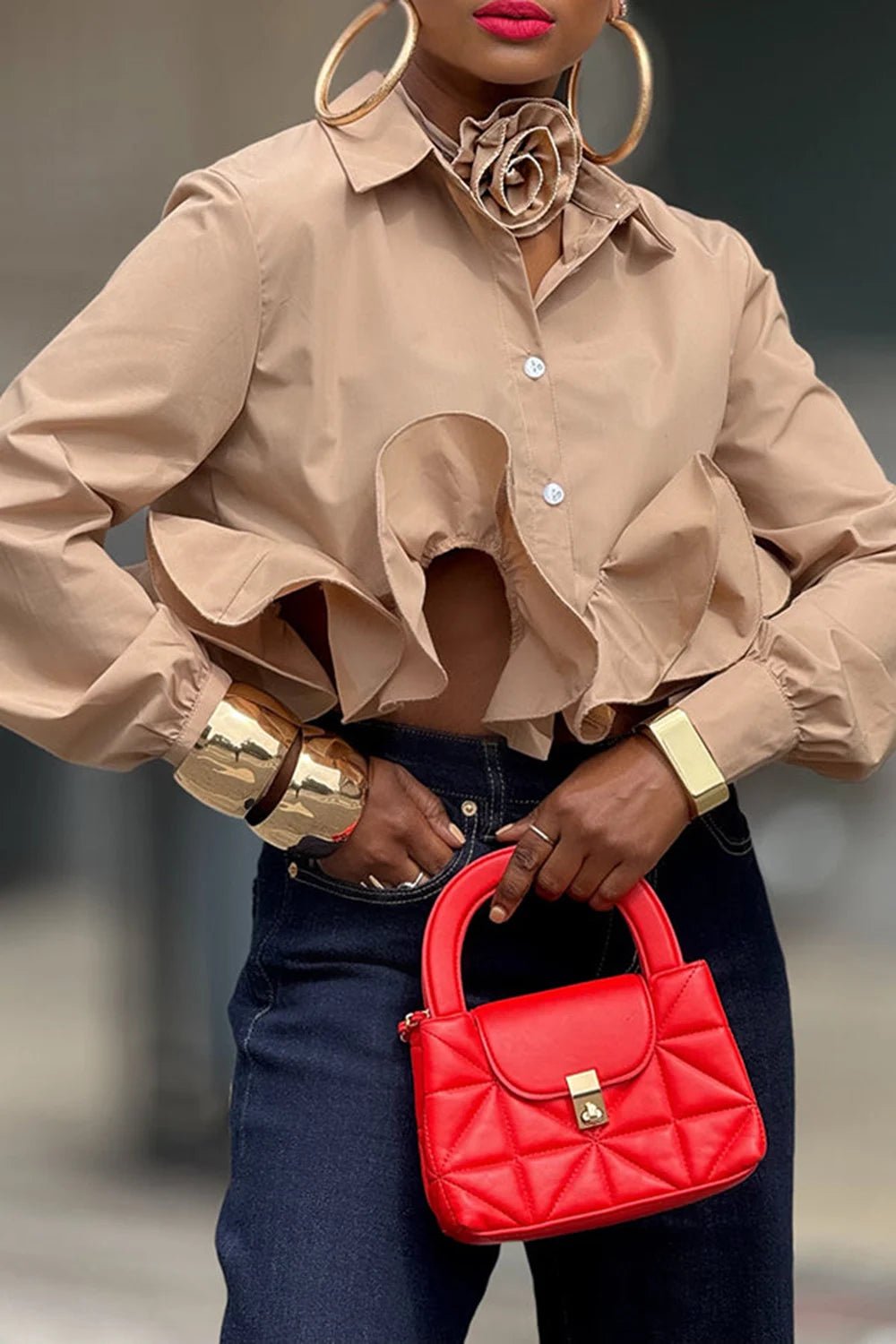 Plus Size Business Casual Khaki Elegant Shirt Collar Long Sleeve Ruffle Shirt - SN Wigs & More