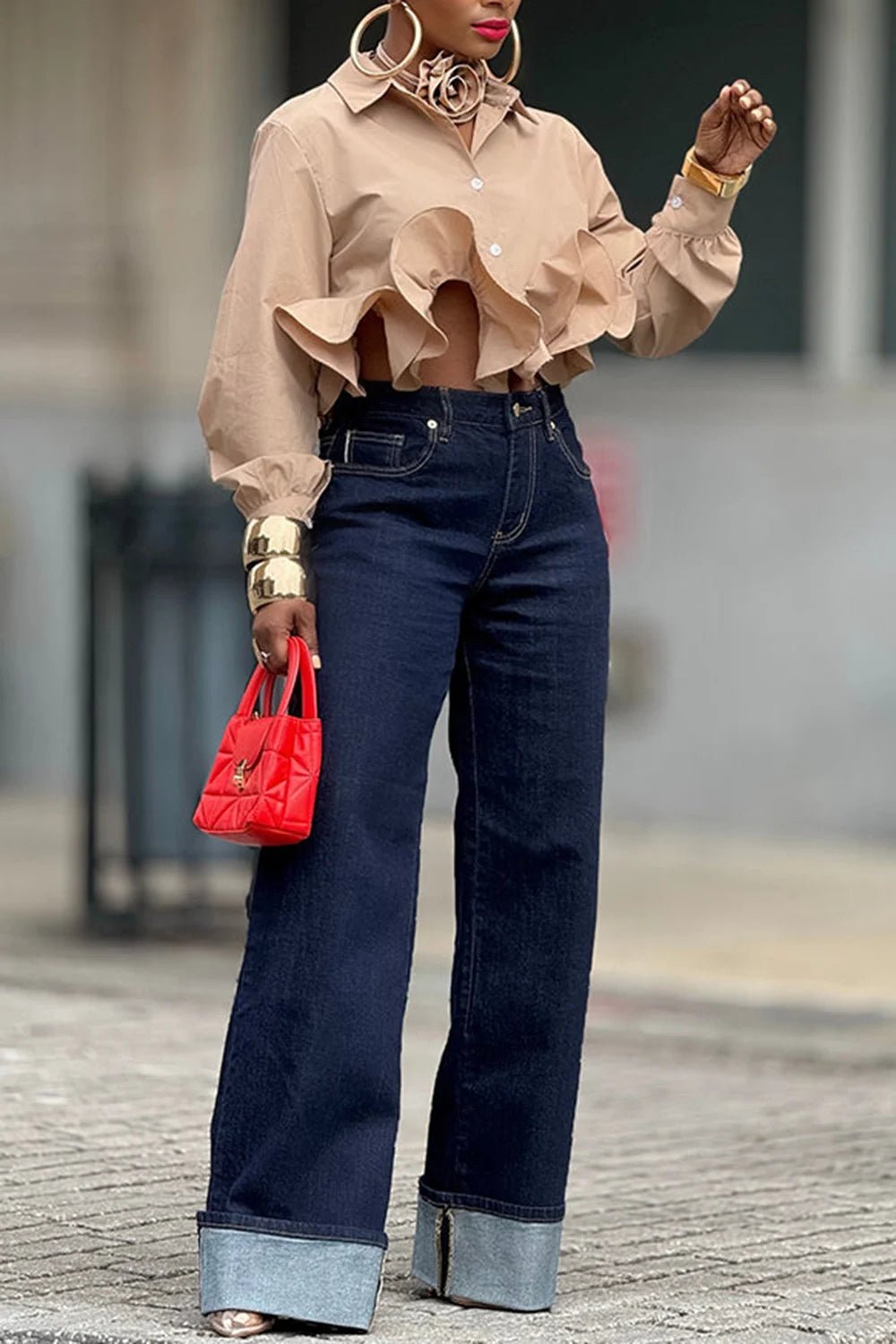 Plus Size Business Casual Khaki Elegant Shirt Collar Long Sleeve Ruffle Shirt - SN Wigs & More