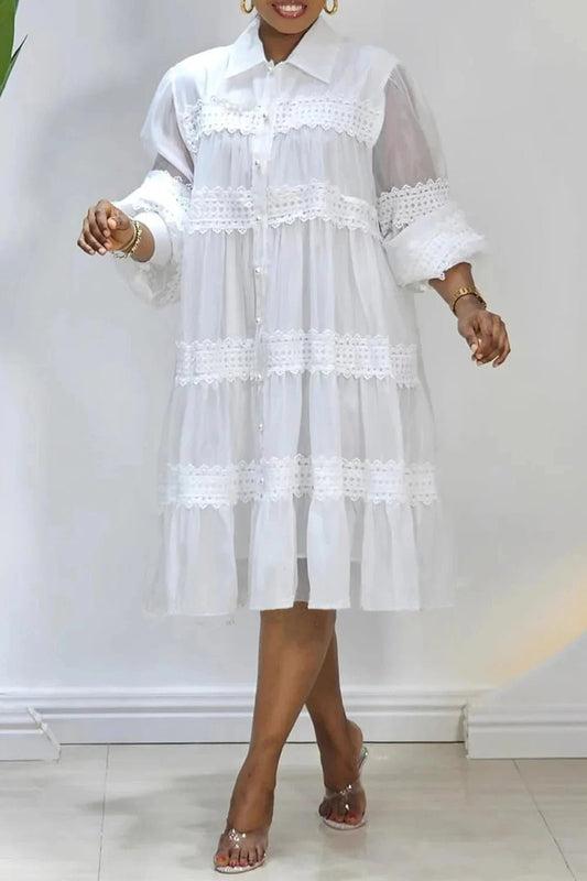 Plus Size Business Casual White Elegant Shirt Collar Lantern Sleeve Long Sleeve See Through Contrast Midi Dresses - SN Wigs & More
