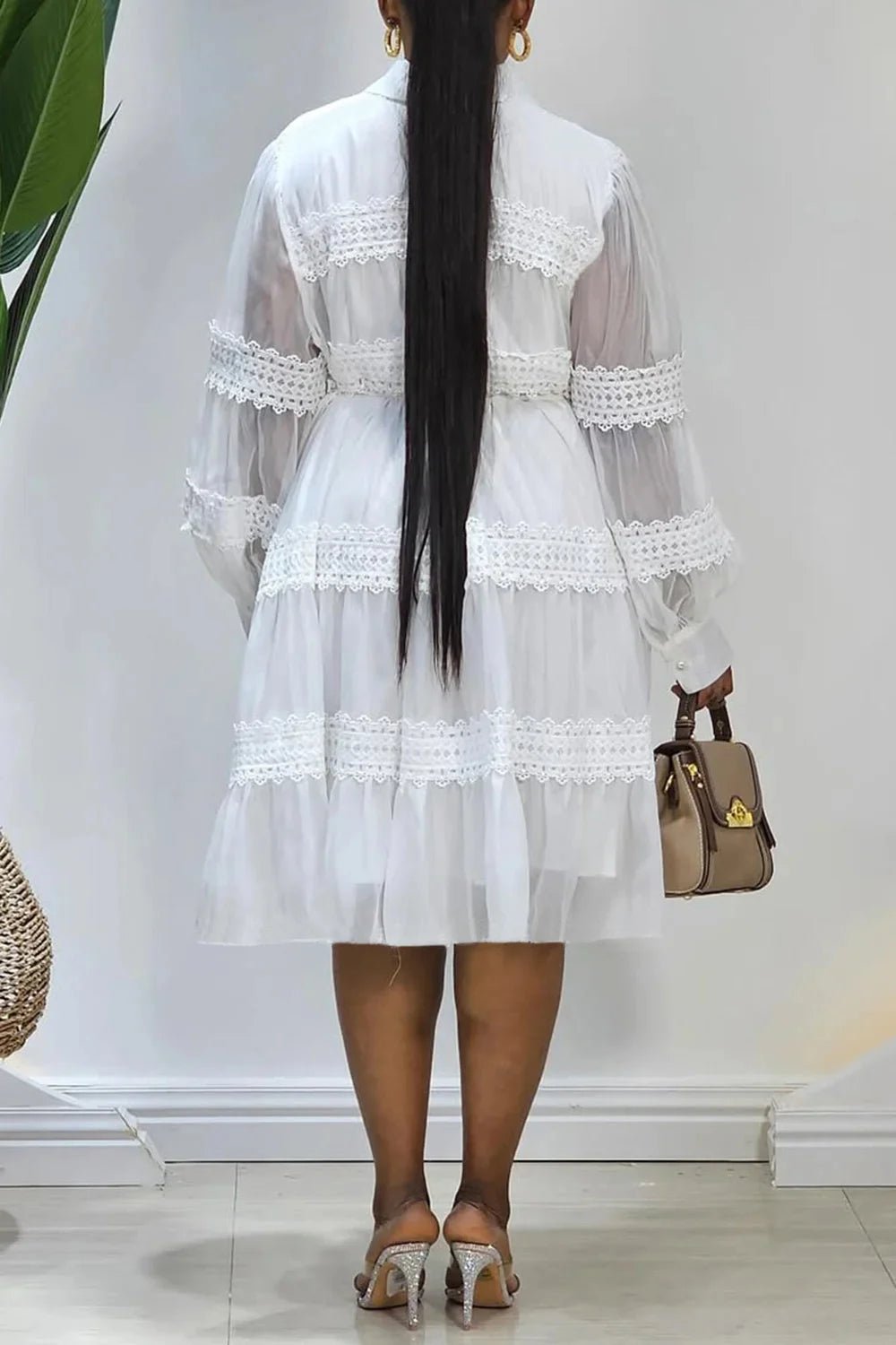 Plus Size Business Casual White Elegant Shirt Collar Lantern Sleeve Long Sleeve See Through Contrast Midi Dresses - SN Wigs & More