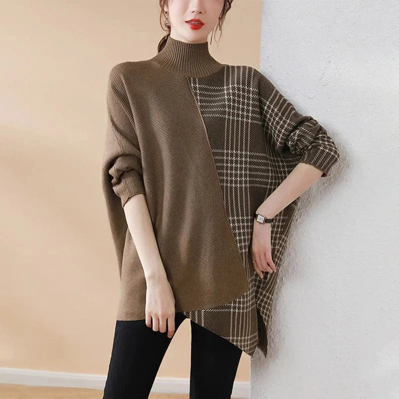 Plus Size / camel 2024 New arrival high-quality fashion women's crew-neck long-sleeved plaid loose knit pullover sweater