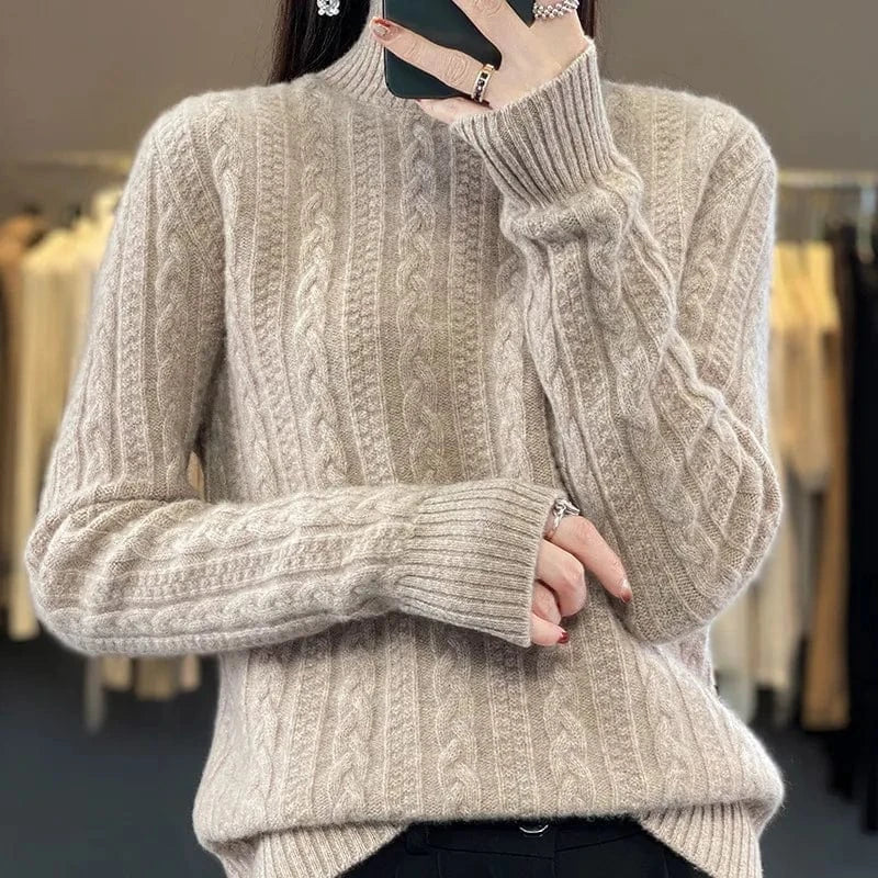 Plus Size / camel 2024 winter best-selling high-quality fashion women's solid color semi-turtleneck long-sleeved loose knit pullover sweater