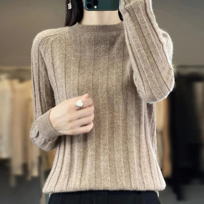 Plus size / Champagne 2024 autumn winter fashion lady crew neck long sleeve body fit stripe tight sweater shirt