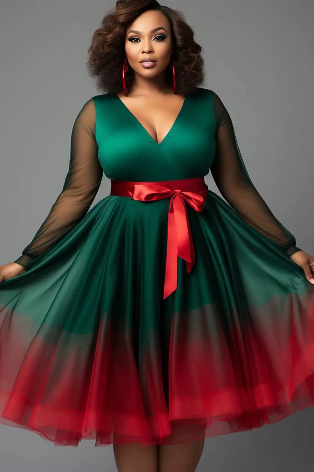 Plus Size Christmas Emerald Green Gradient V Neck Lantern Sleeve Long Sleeve See Through Wrap Tulle Mini Dresses - SN Wigs & More