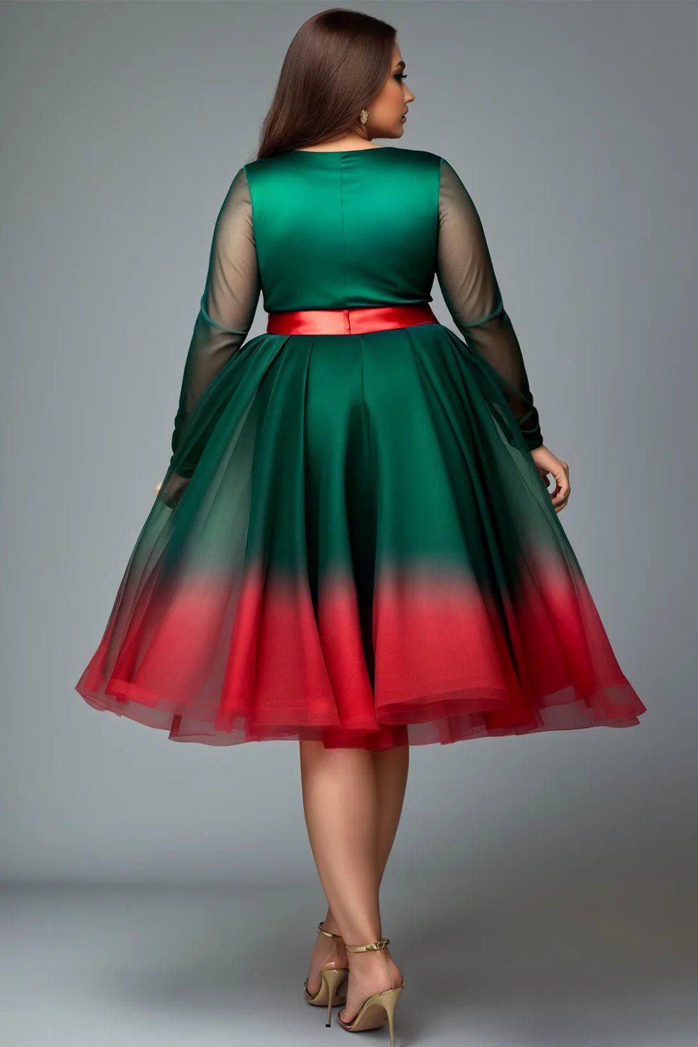 Plus Size Christmas Emerald Green Gradient V Neck Lantern Sleeve Long Sleeve See Through Wrap Tulle Mini Dresses - SN Wigs & More