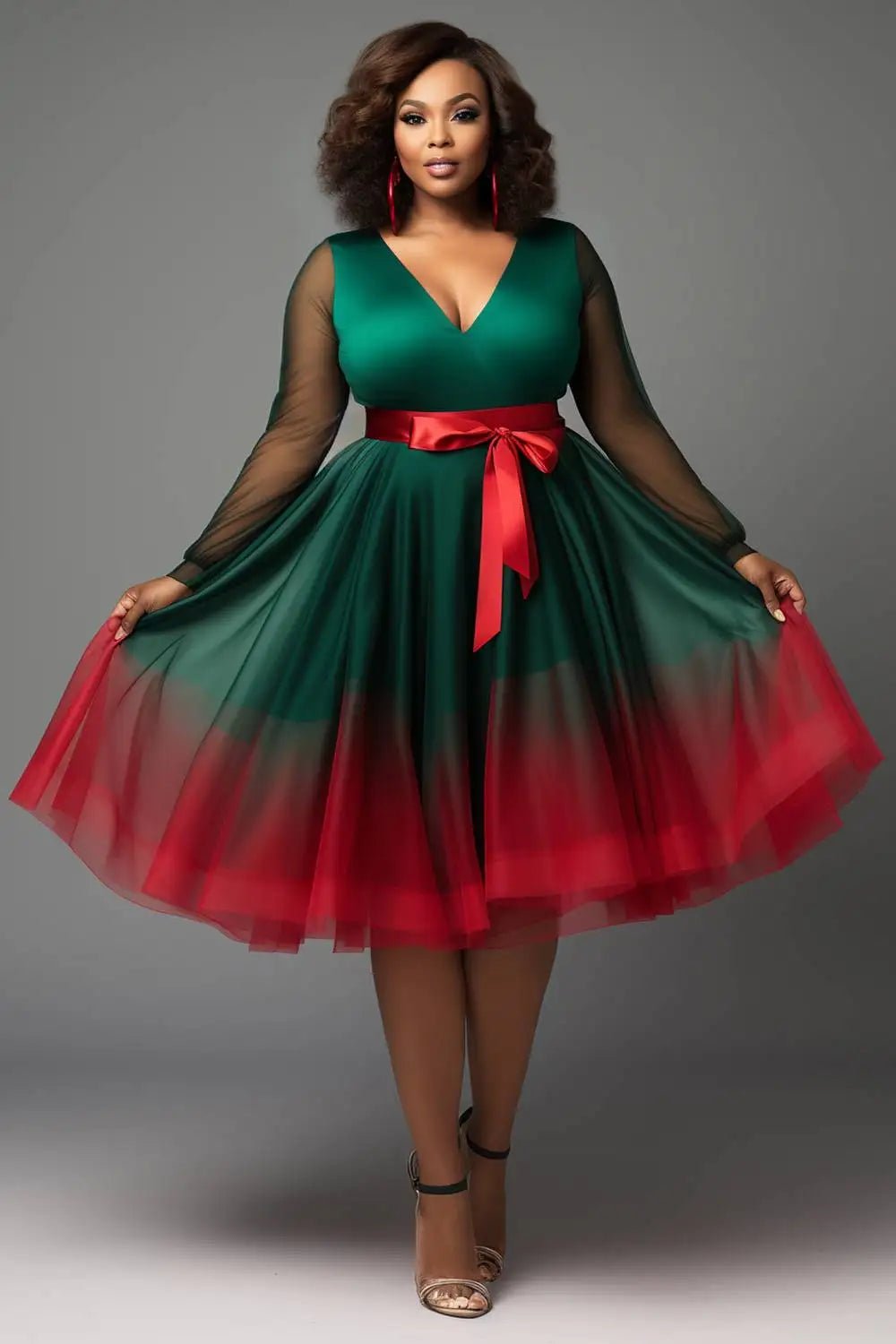 Plus Size Christmas Emerald Green Gradient V Neck Lantern Sleeve Long Sleeve See Through Wrap Tulle Mini Dresses - SN Wigs & More