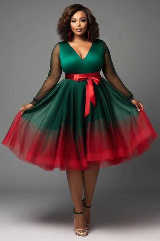 Plus Size Christmas Emerald Green Gradient V Neck Lantern Sleeve Long Sleeve See Through Wrap Tulle Mini Dresses - SN Wigs & More