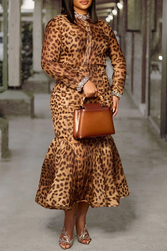 Plus Size Cocktail Party Brown Leopard Round Neck Long Sleeve Mermaid Elegant Ruffle Two Piece Skirt Sets - SN Wigs & More