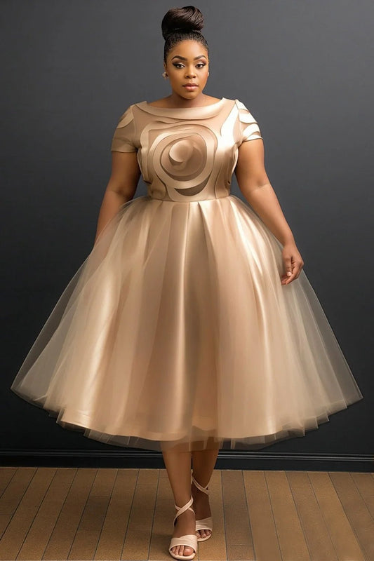 Plus Size Cocktail Party Champagne Graphic Boat Neck Cap Sleeve Short Sleeve See Through Vintage Contrast Tulle Midi Dresses - SN Wigs & More