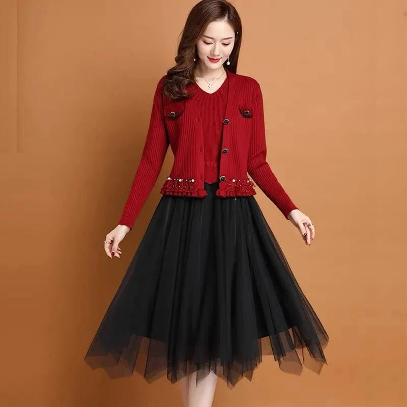 plus size / CORAL RED 2024 Spring and Autumn high quality button design lace solid color loose women V-neck mid-length two-piece suit dress