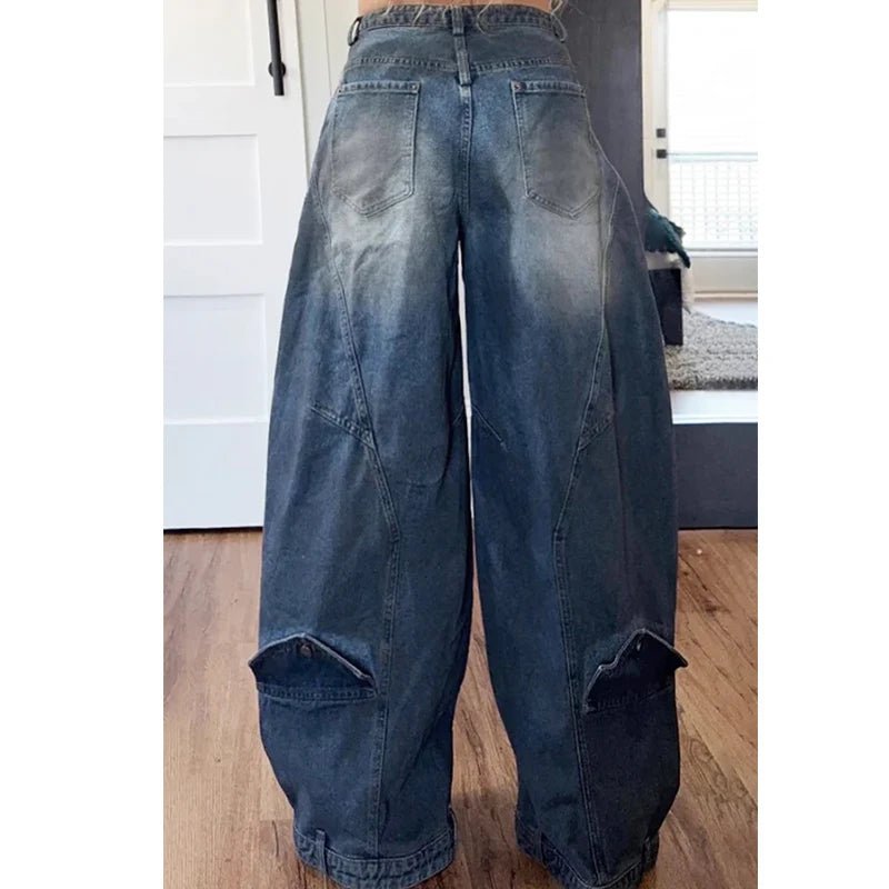 Plus Size Daily Blue Asymmetric Button Pocket Hight Waist Washed Denim Jeans - SN Wigs & More
