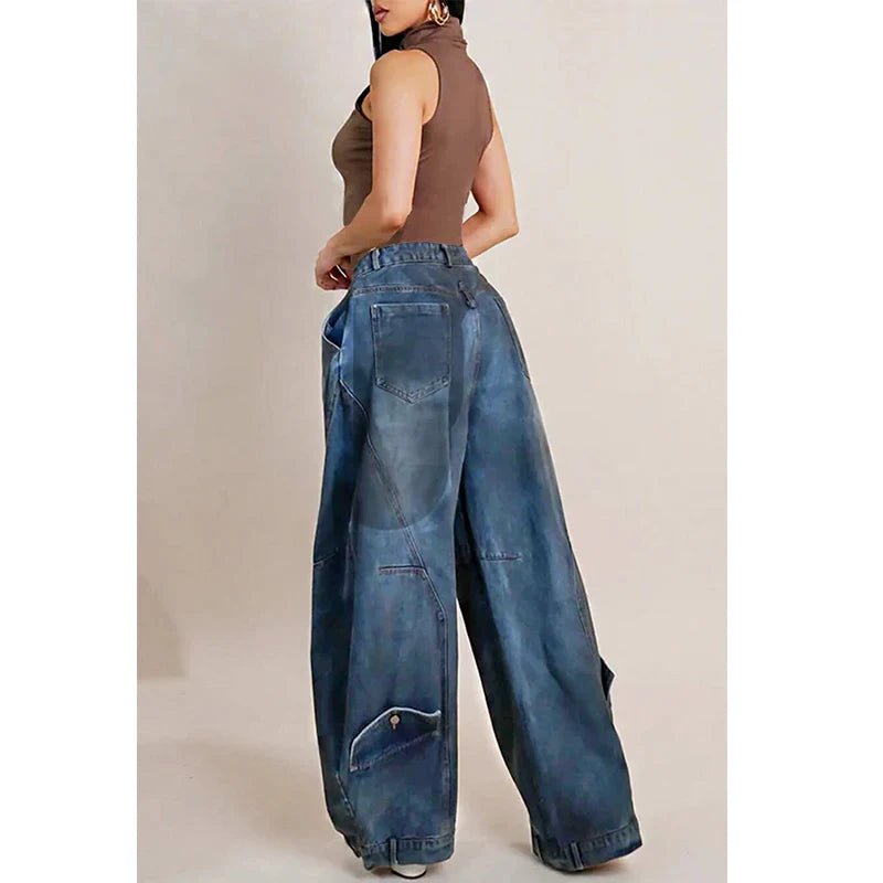 Plus Size Daily Blue Asymmetric Button Pocket Hight Waist Washed Denim Jeans - SN Wigs & More
