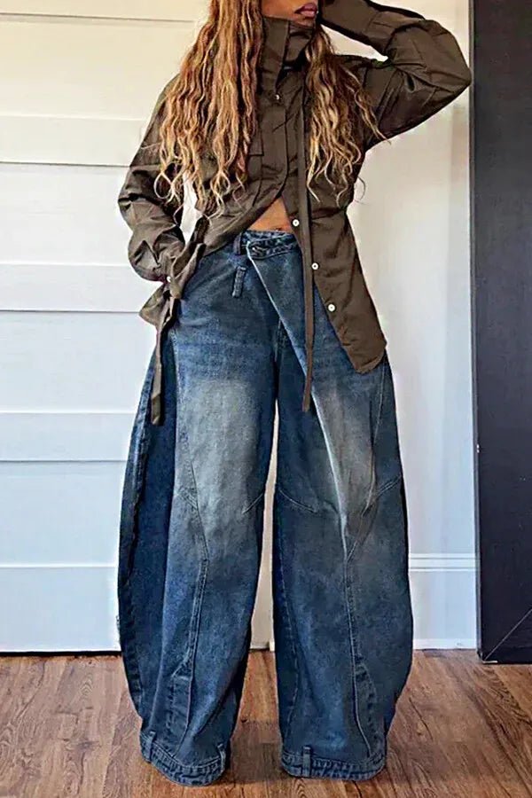 Plus Size Daily Blue Asymmetric Button Pocket Hight Waist Washed Denim Jeans - SN Wigs & More