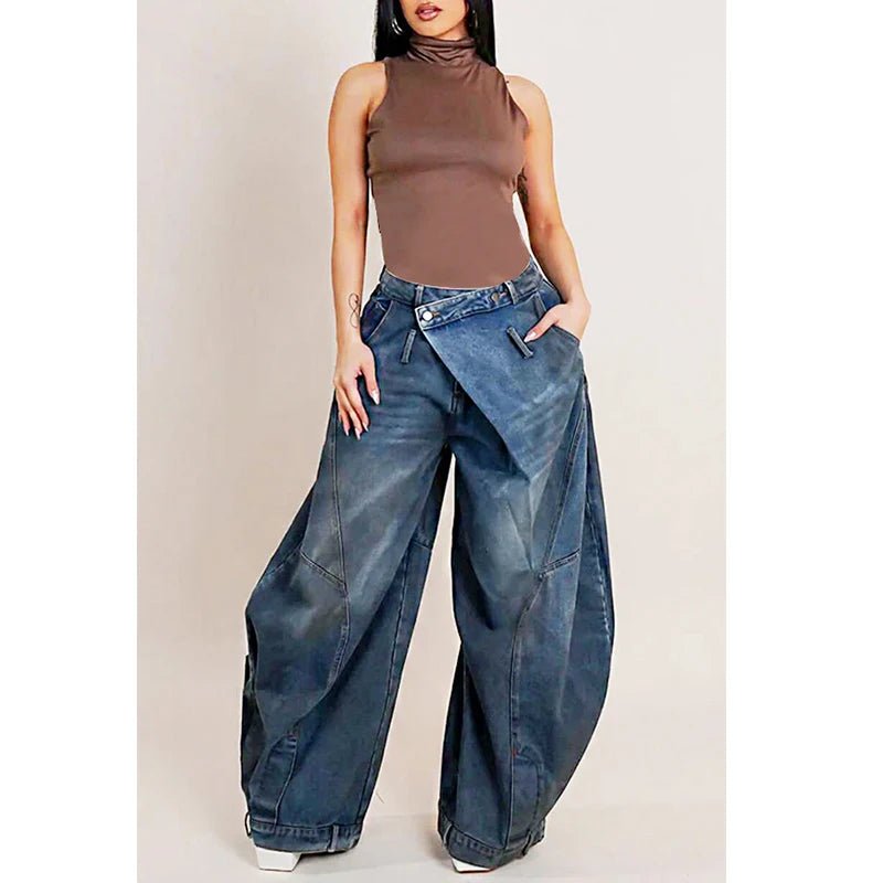 Plus Size Daily Blue Asymmetric Button Pocket Hight Waist Washed Denim Jeans - SN Wigs & More