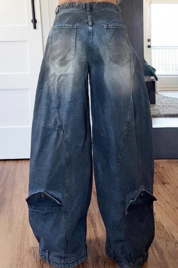 Plus Size Daily Blue Asymmetric Button Pocket Hight Waist Washed Denim Jeans - SN Wigs & More