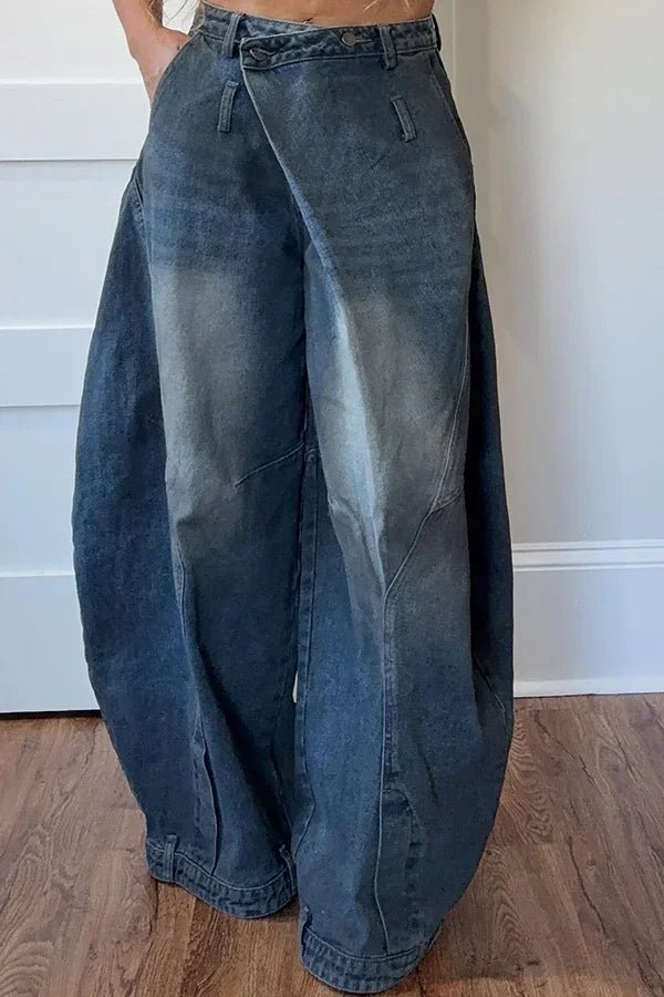 Plus Size Daily Blue Asymmetric Button Pocket Hight Waist Washed Denim Jeans - SN Wigs & More