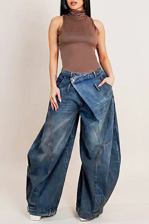 Plus Size Daily Blue Asymmetric Button Pocket Hight Waist Washed Denim Jeans - SN Wigs & More