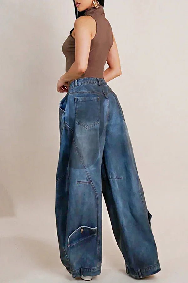 Plus Size Daily Blue Asymmetric Button Pocket Hight Waist Washed Denim Jeans - SN Wigs & More