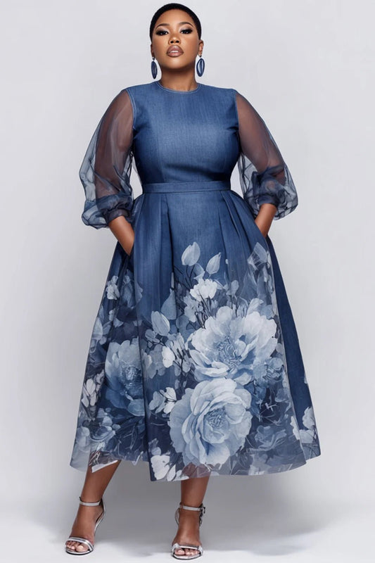 Plus Size Daily Blue Floral Round Neck 3/4 Sleeve Pocket Elegant See Through Tulle Midi Dresses - SN Wigs & More