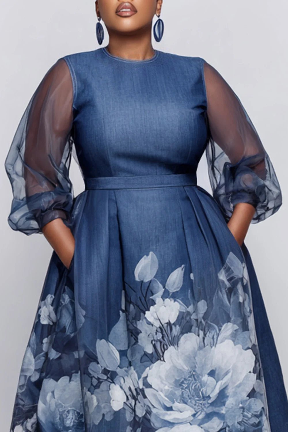 Plus Size Daily Blue Floral Round Neck 3/4 Sleeve Pocket Elegant See Through Tulle Midi Dresses - SN Wigs & More