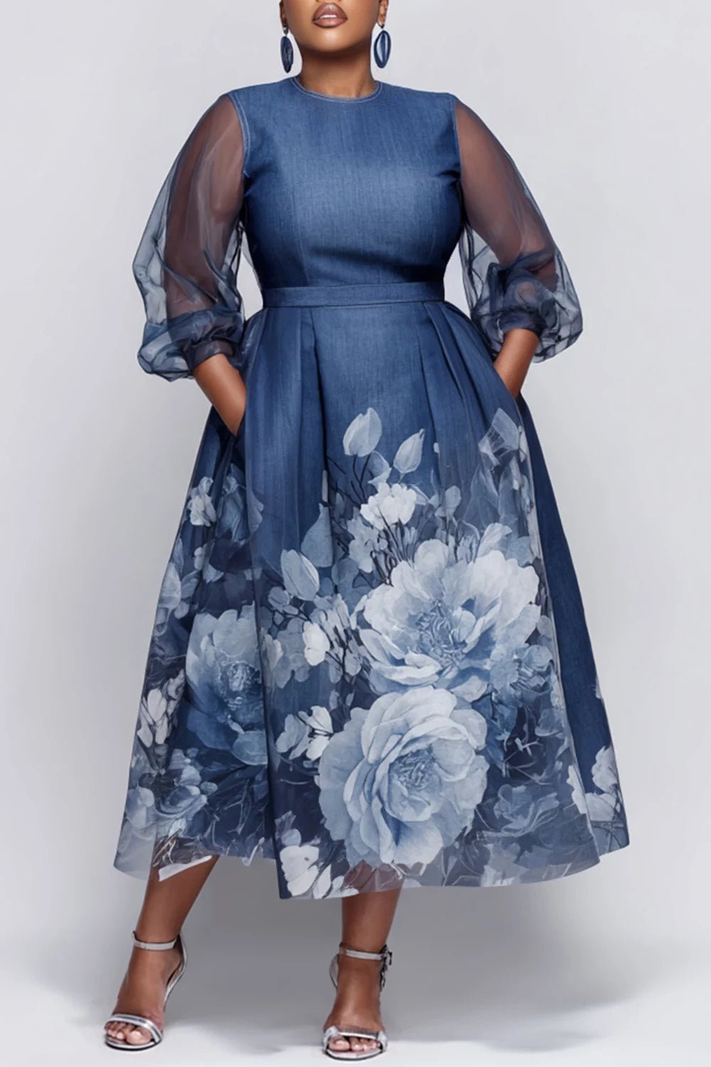 Plus Size Daily Blue Floral Round Neck 3/4 Sleeve Pocket Elegant See Through Tulle Midi Dresses - SN Wigs & More