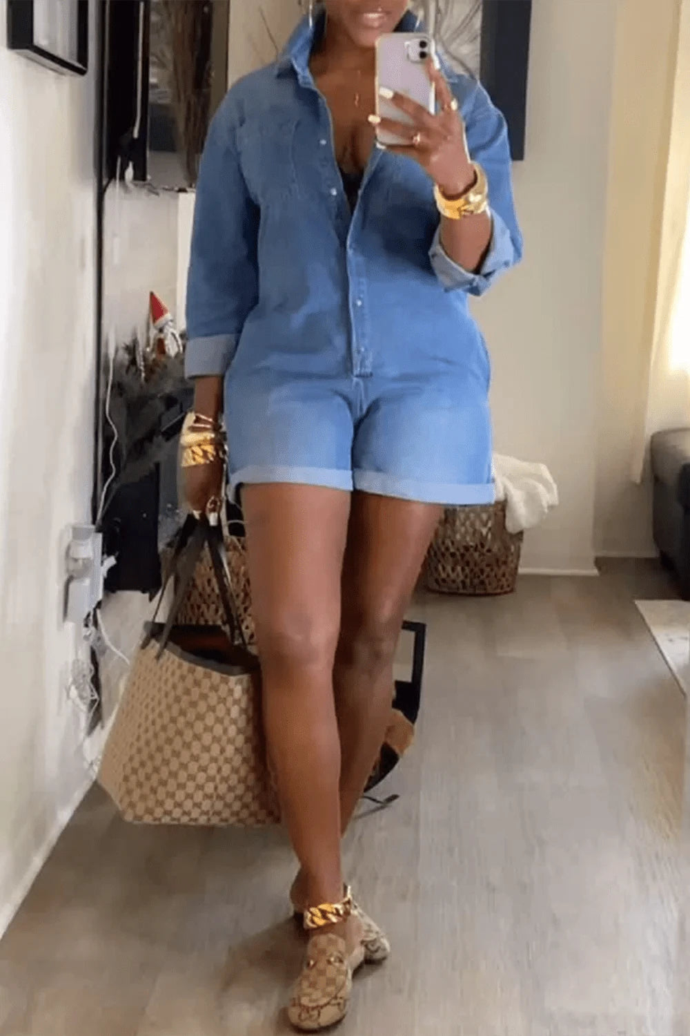 Plus Size Daily Blue Shirt Collar Short Sleeve Pocket Denim Rompers