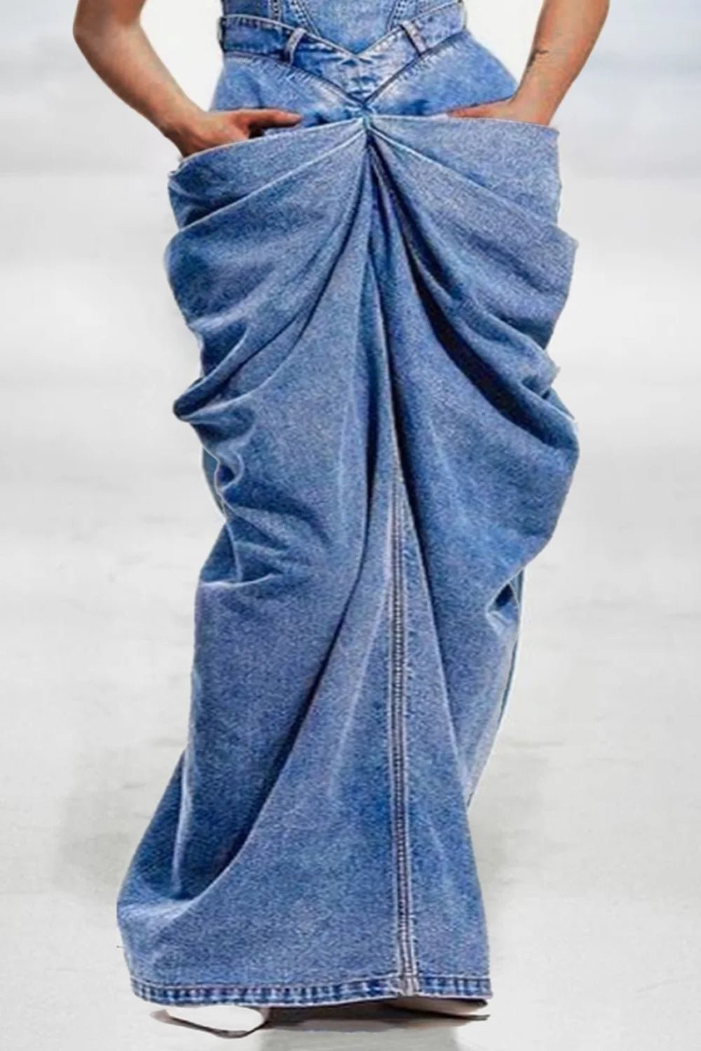 Plus Size Daily Dress Blue Bow Overalls Fold Maxi Dress 2025 New Sleeveless Denim Long Dresses - SN Wigs & More