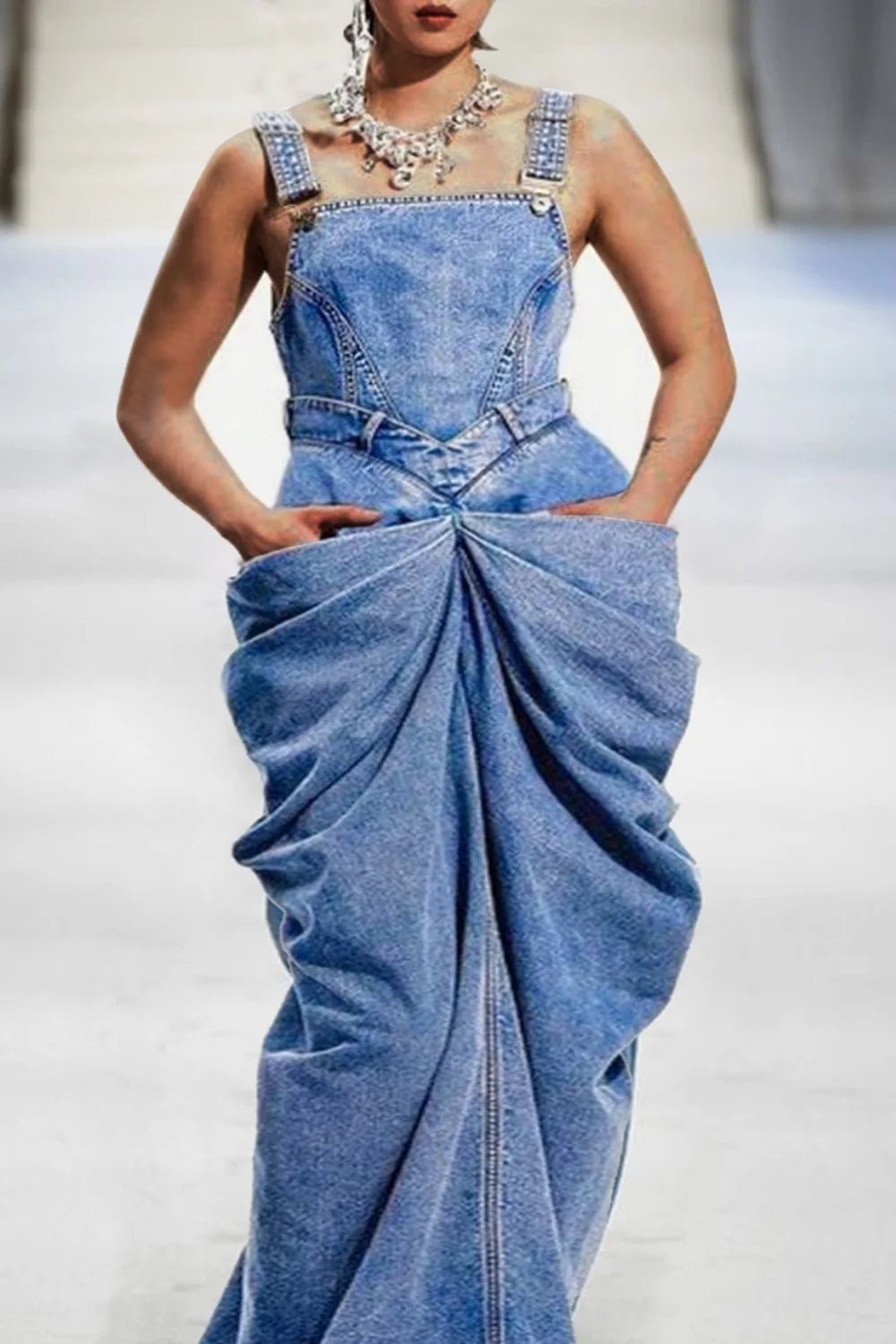 Plus Size Daily Dress Blue Bow Overalls Fold Maxi Dress 2025 New Sleeveless Denim Long Dresses - SN Wigs & More