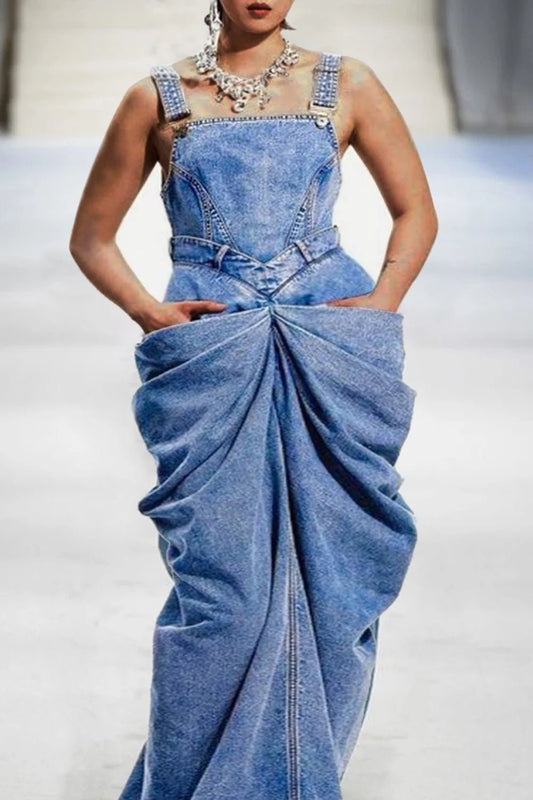 Plus Size Daily Dress Blue Bow Overalls Fold Maxi Dress 2025 New Sleeveless Denim Long Dresses - SN Wigs & More