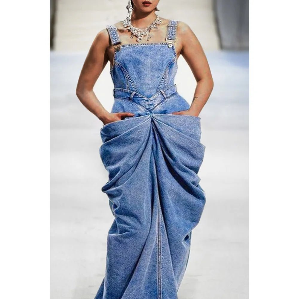 Plus Size Daily Dress Blue Bow Overalls Fold Maxi Dress 2025 New Sleeveless Denim Long Dresses - SN Wigs & More
