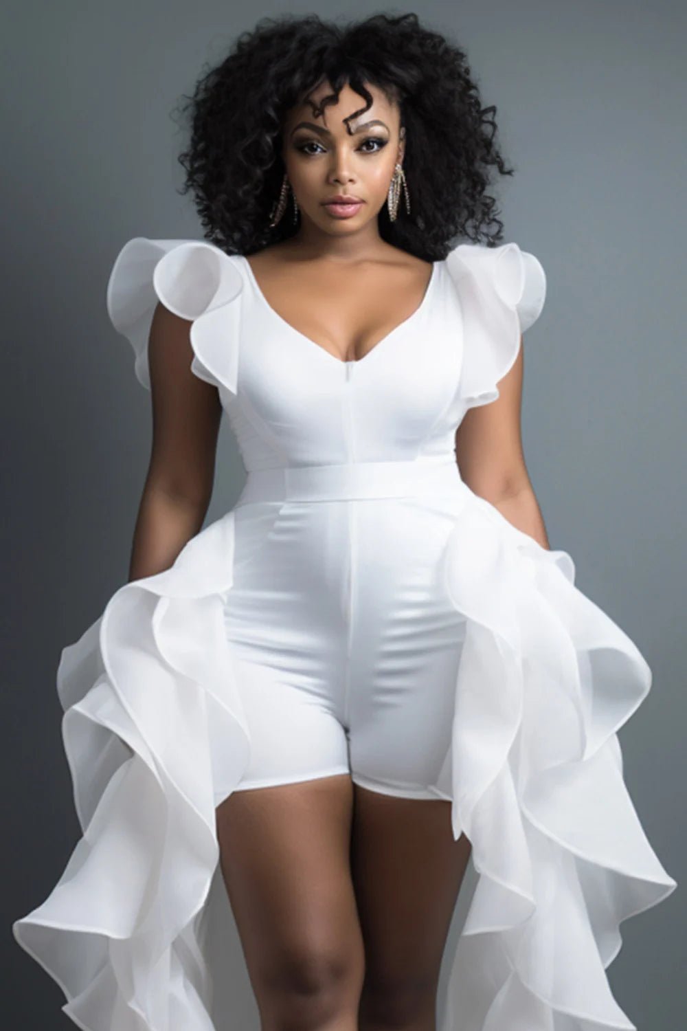 Plus Size Daily White Elegant V Neck Short Sleeve With Skirt Overlay Contrast Rompers - SN Wigs & More