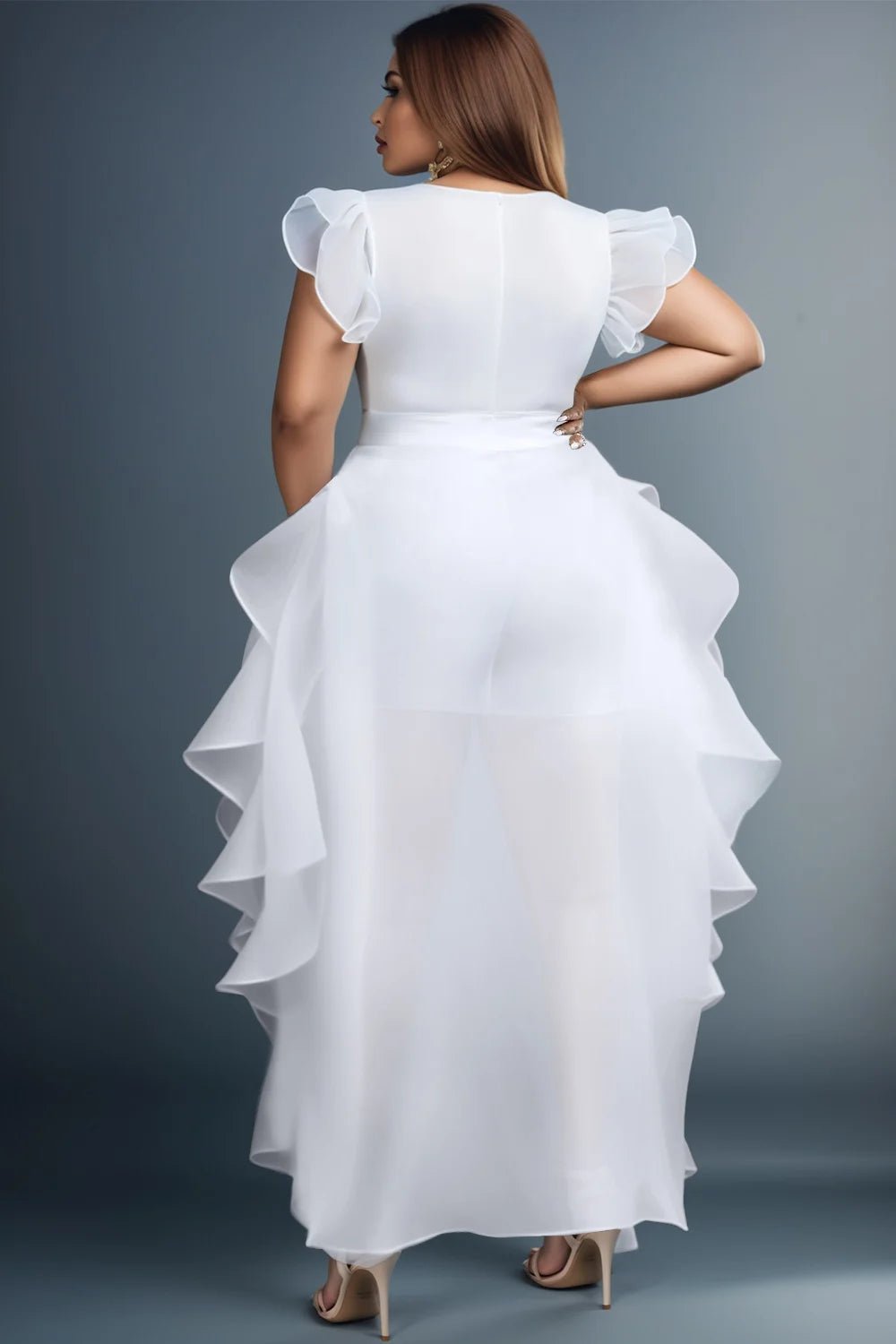 Plus Size Daily White Elegant V Neck Short Sleeve With Skirt Overlay Contrast Rompers - SN Wigs & More