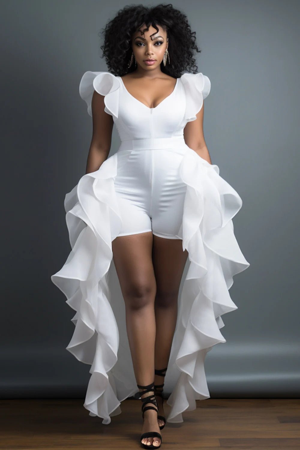 Plus Size Daily White Elegant V Neck Short Sleeve With Skirt Overlay Contrast Rompers - SN Wigs & More